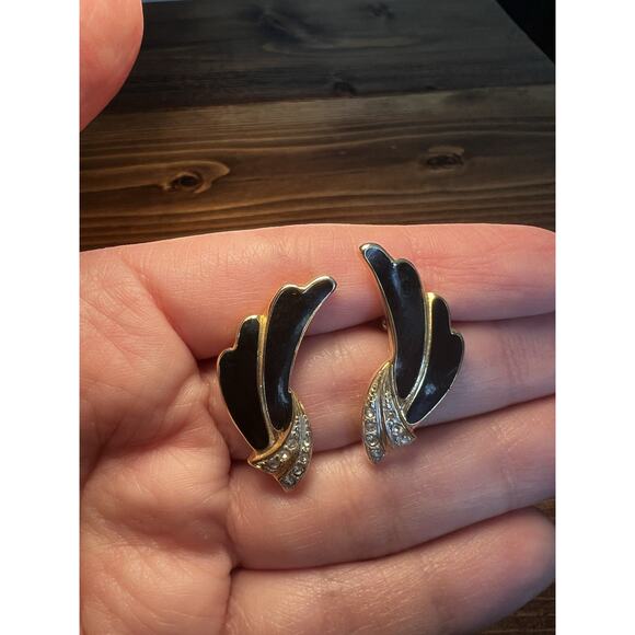 Graff Vintage Earrings Black & Gold Tone w Clear Rhinestones - Picture 1 of 9